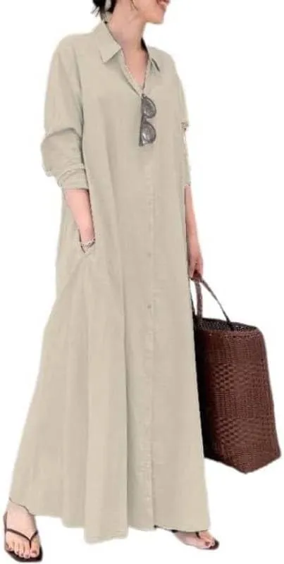 Womens Boho Cotton Maxi Dress V Neck Button Down Kaftan Shirt Dress Long Sleeve Dresses with Pockets Plus Size