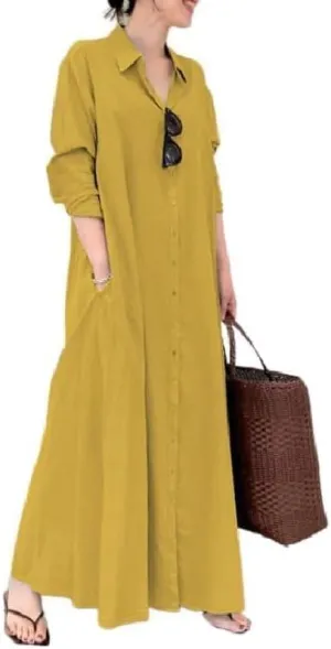 Womens Boho Cotton Maxi Dress V Neck Button Down Kaftan Shirt Dress Long Sleeve Dresses with Pockets Plus Size
