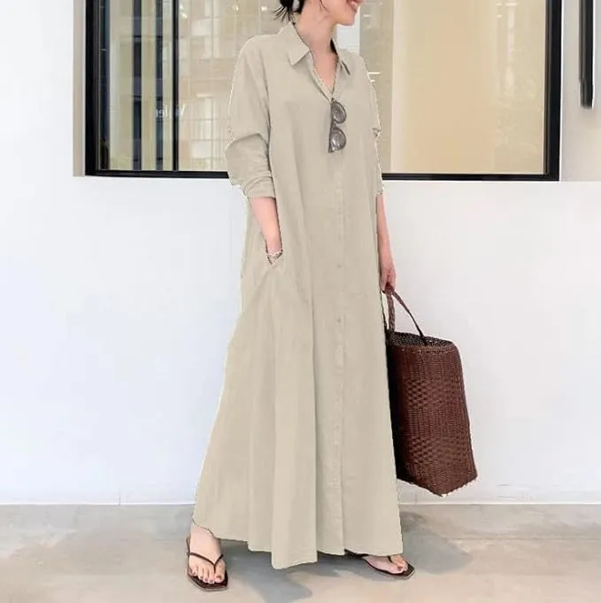 Womens Boho Cotton Maxi Dress V Neck Button Down Kaftan Shirt Dress Long Sleeve Dresses with Pockets Plus Size