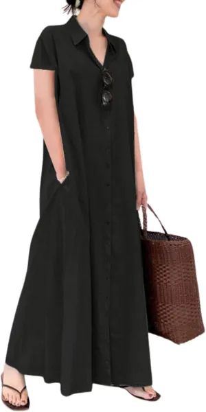 Womens Boho Cotton Maxi Dress V Neck Button Down Kaftan Shirt Dress Long Sleeve Dresses with Pockets Plus Size