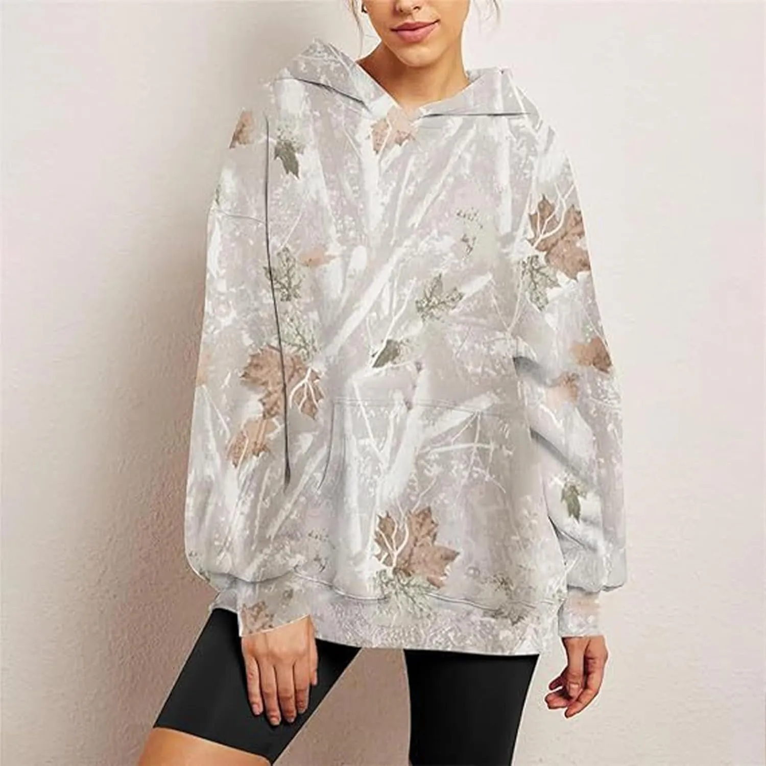 Womens Camo Hoodies Maple Leaf Print Oversized Hooded Pullover Long Sleeve Fleece Camo Sweatshirt Sweater with Pocket