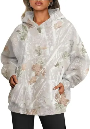 Womens Camo Hoodies Maple Leaf Print Oversized Hooded Pullover Long Sleeve Fleece Camo Sweatshirt Sweater with Pocket