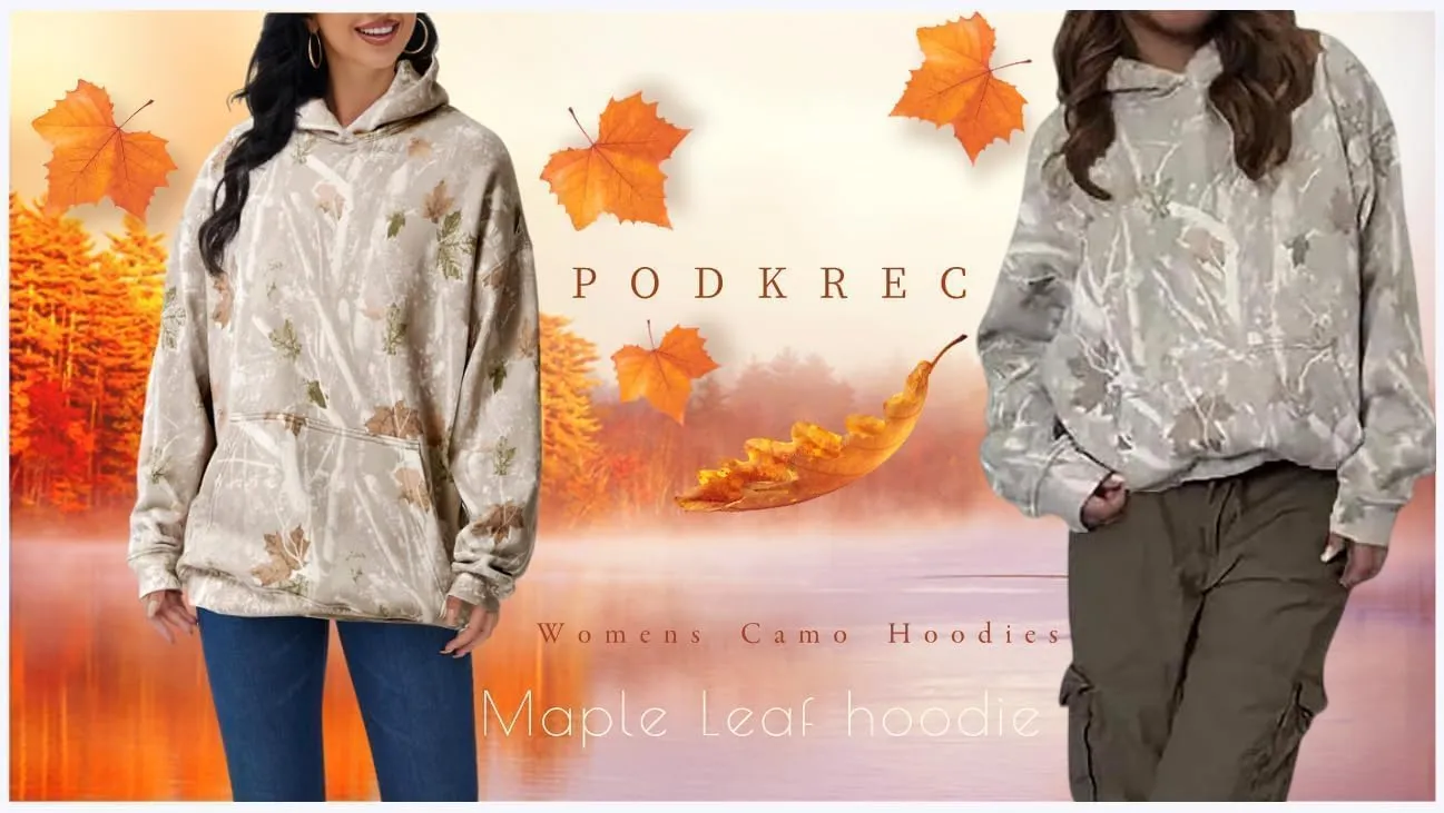 Womens Camo Hoodies Maple Leaf Print Oversized Hooded Pullover Long Sleeve Fleece Camo Sweatshirt Sweater with Pocket