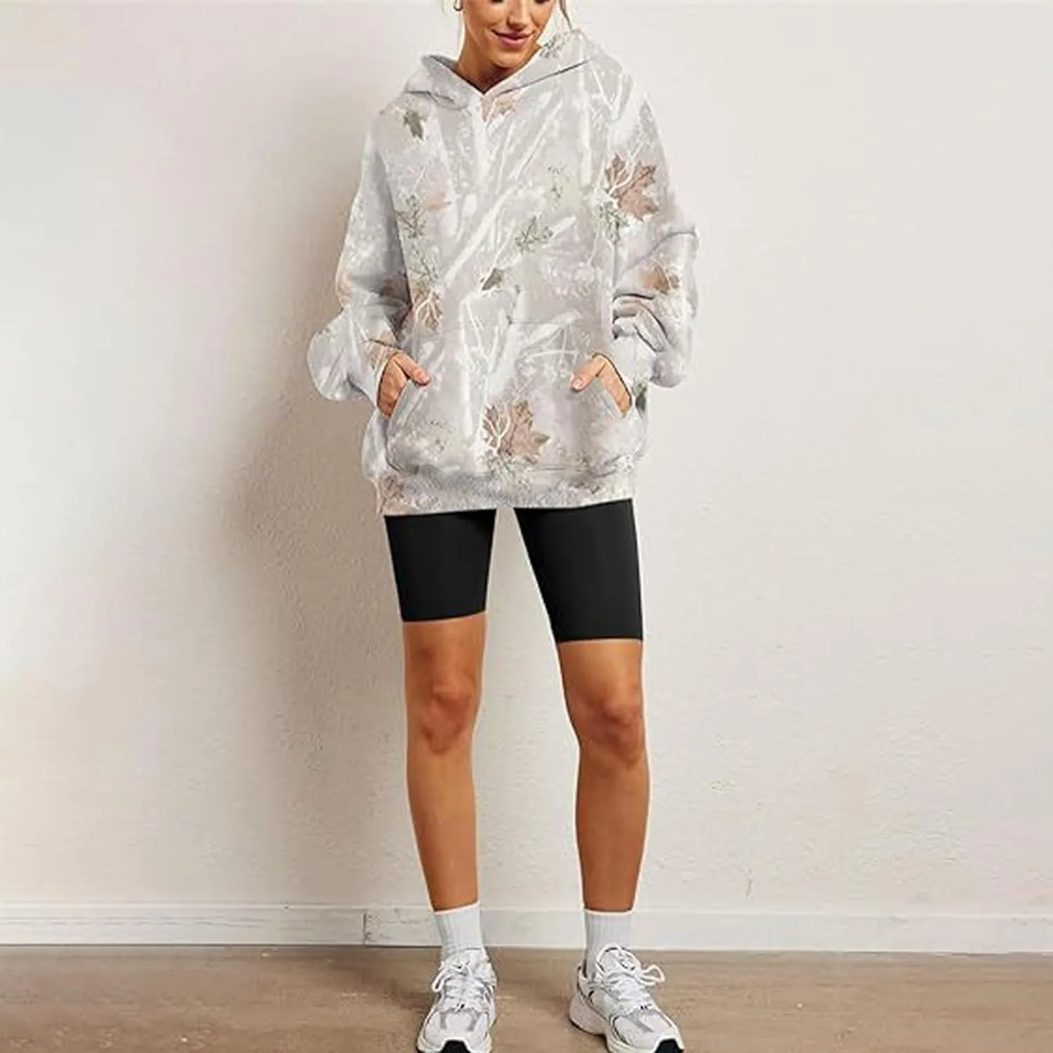 Womens Camo Hoodies Maple Leaf Print Oversized Hooded Pullover Long Sleeve Fleece Camo Sweatshirt Sweater with Pocket