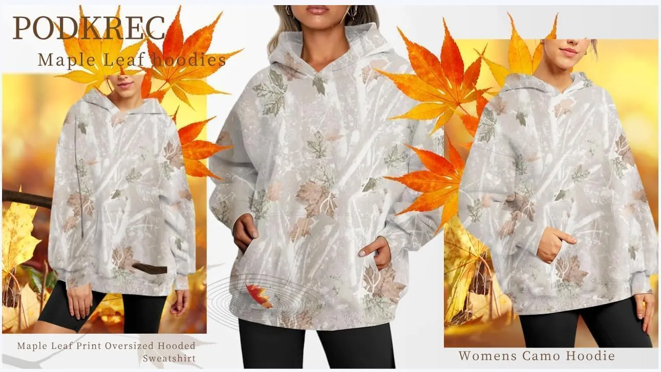 Womens Camo Hoodies Maple Leaf Print Oversized Hooded Pullover Long Sleeve Fleece Camo Sweatshirt Sweater with Pocket