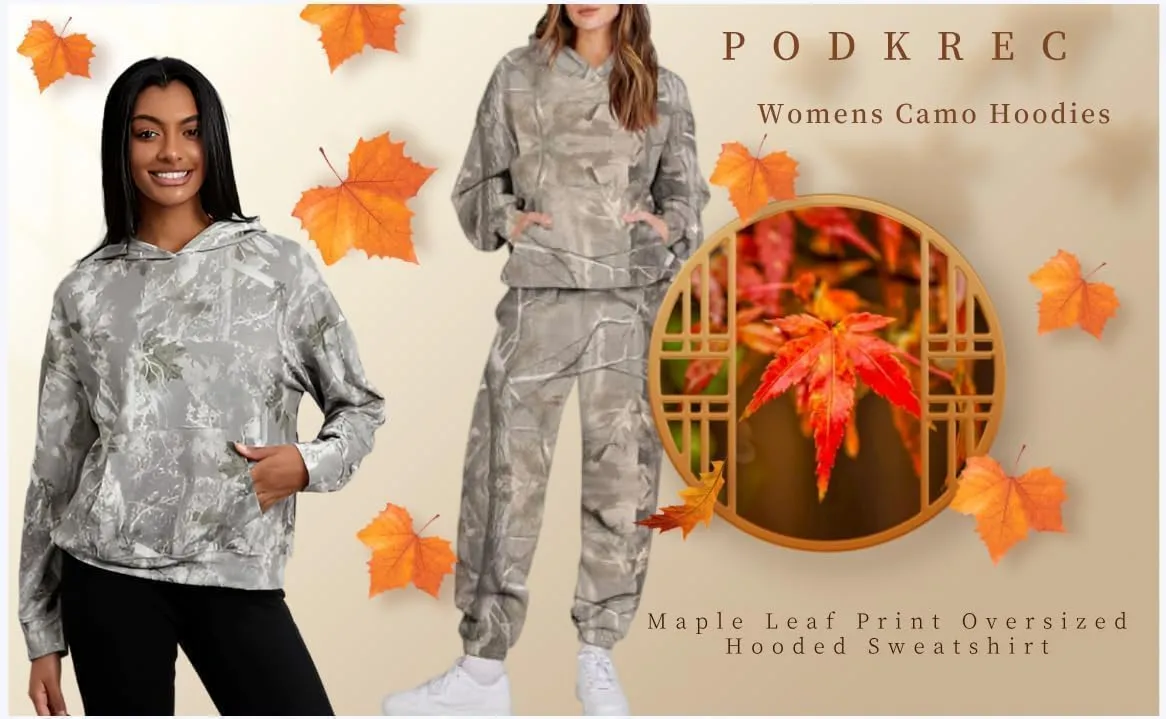 Womens Camo Hoodies Maple Leaf Print Oversized Hooded Pullover Long Sleeve Fleece Camo Sweatshirt Sweater with Pocket