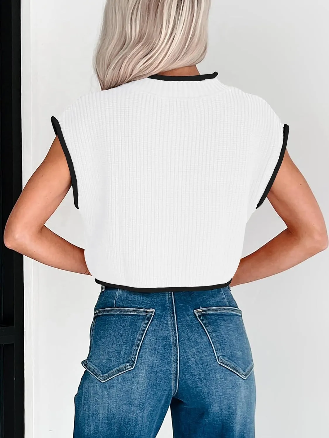 Womens Cap Sleeve Crop Tops Summer High Neck Contrast Color Sweater Vest Ribbed Knit Sleeveless Tank Top