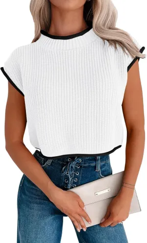Womens Cap Sleeve Crop Tops Summer High Neck Contrast Color Sweater Vest Ribbed Knit Sleeveless Tank Top