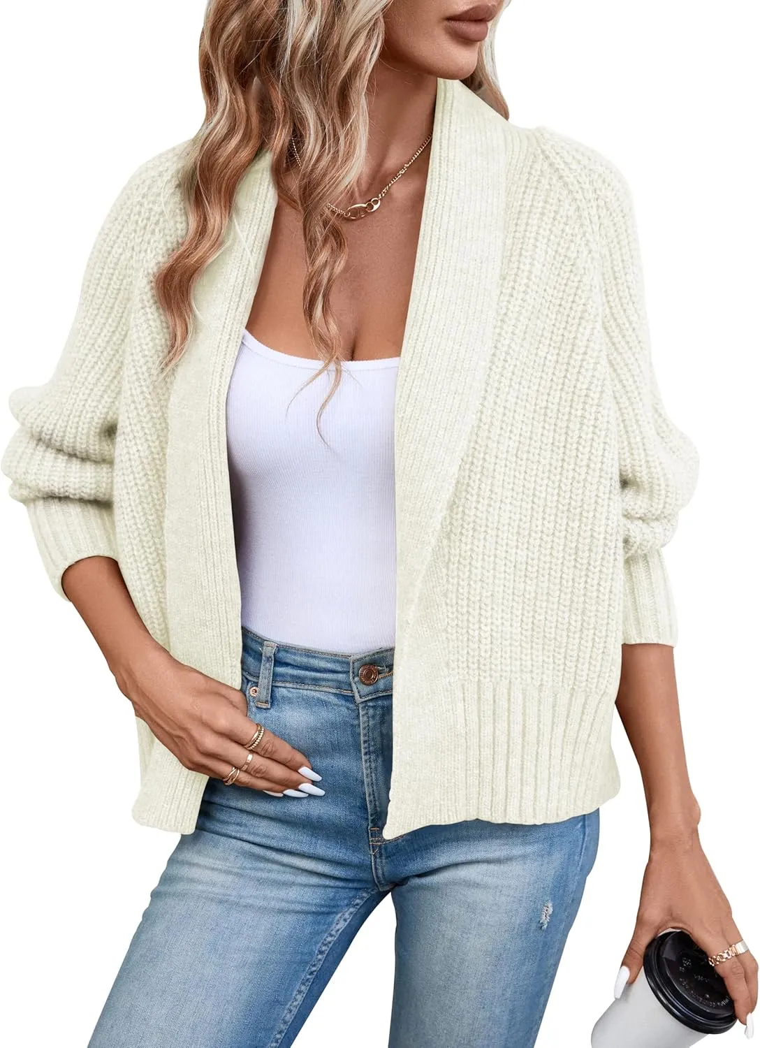 Women's Cardigan Sweaters Fall Winter Open Front Batwing Long Sleeve Shawl Neck Chunky Knit Loose Outwear Coats