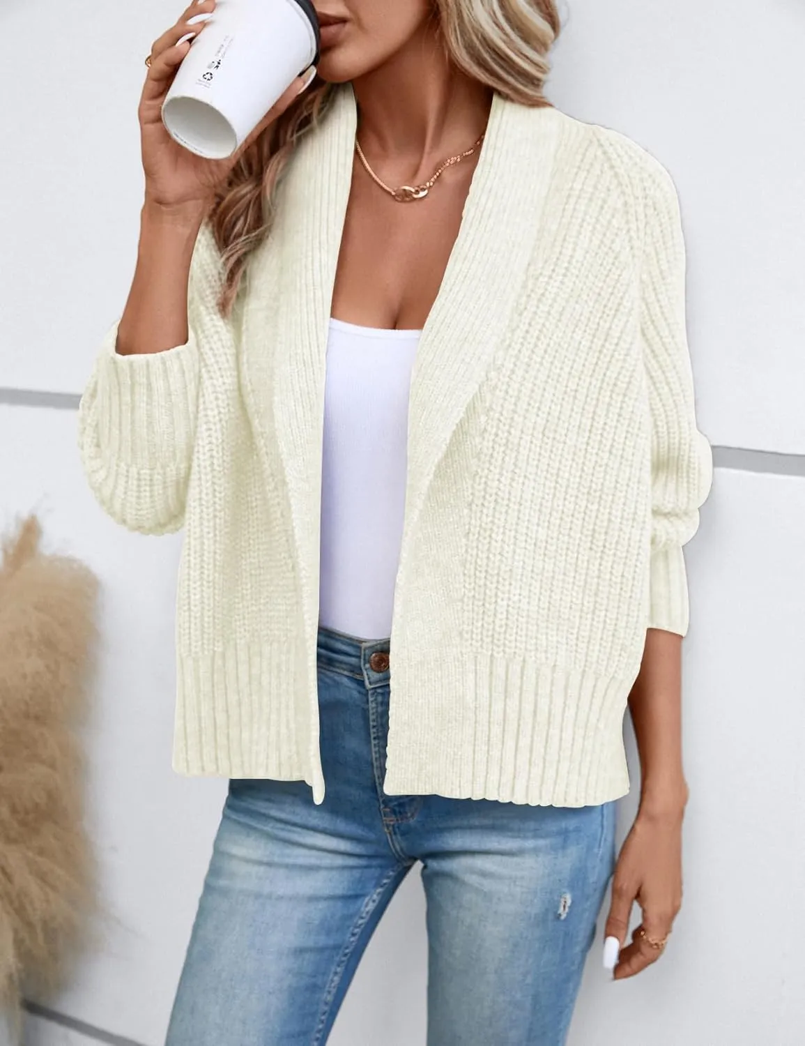 Women's Cardigan Sweaters Fall Winter Open Front Batwing Long Sleeve Shawl Neck Chunky Knit Loose Outwear Coats