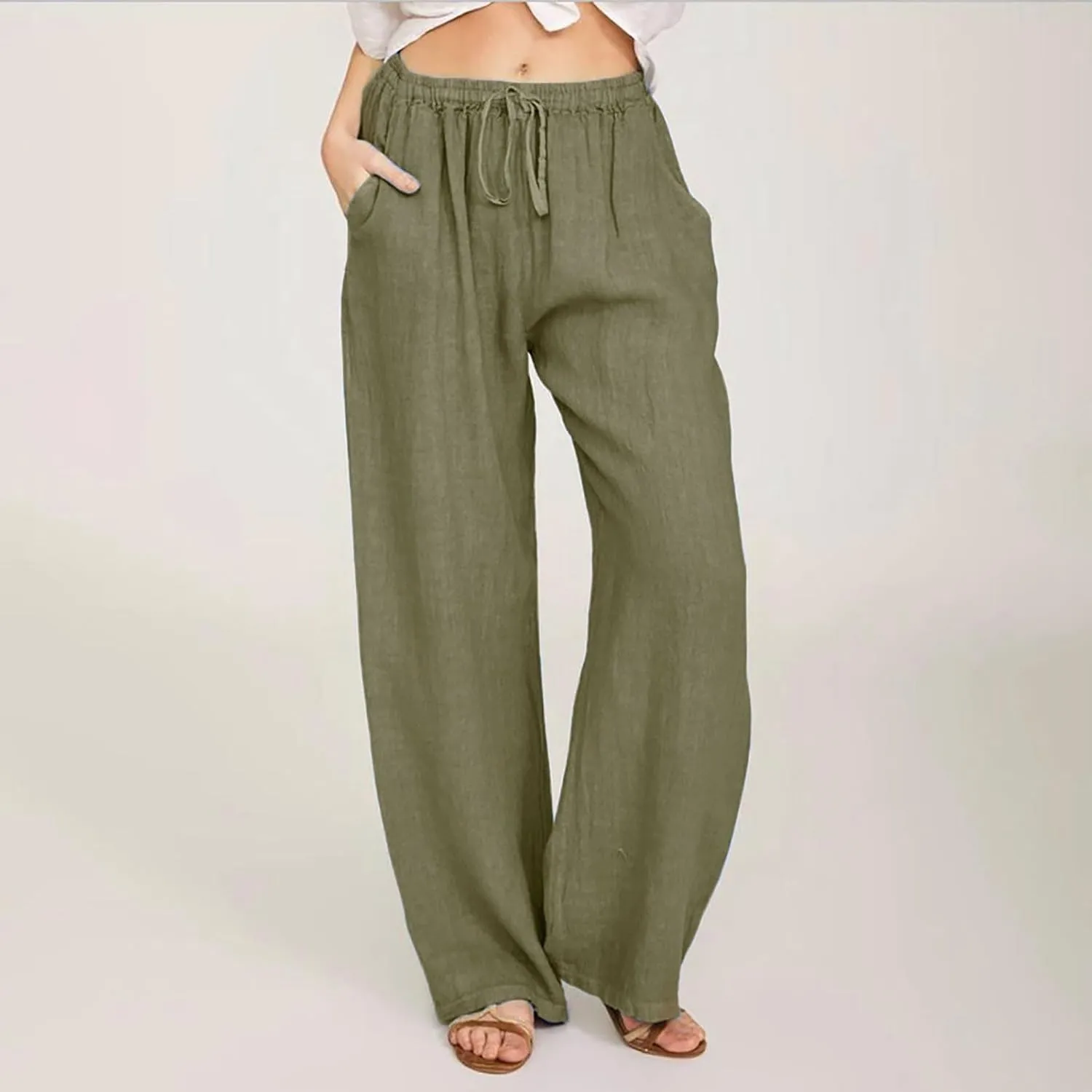 Womens Casual Linen Pants Loose Fit Wide Leg Trousers Elastic Drawstring Waist Lightweight Vacation Palazzo Pants