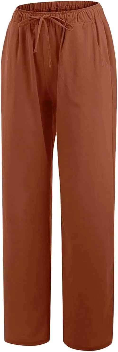 Womens Casual Linen Pants Loose Fit Wide Leg Trousers Elastic Drawstring Waist Lightweight Vacation Palazzo Pants