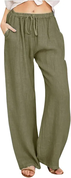 Womens Casual Linen Pants Loose Fit Wide Leg Trousers Elastic Drawstring Waist Lightweight Vacation Palazzo Pants