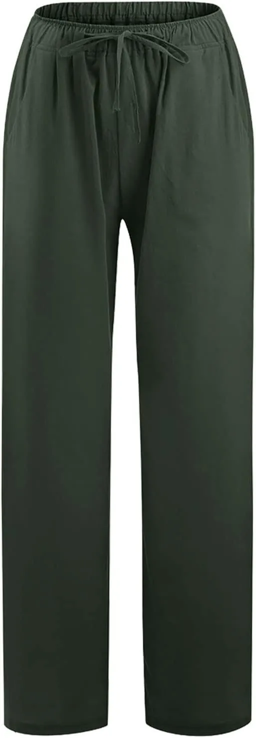 Womens Casual Linen Pants Loose Fit Wide Leg Trousers Elastic Drawstring Waist Lightweight Vacation Palazzo Pants