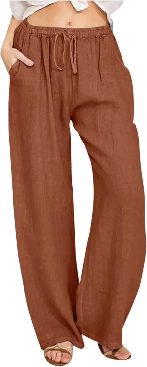Womens Casual Linen Pants Loose Fit Wide Leg Trousers Elastic Drawstring Waist Lightweight Vacation Palazzo Pants