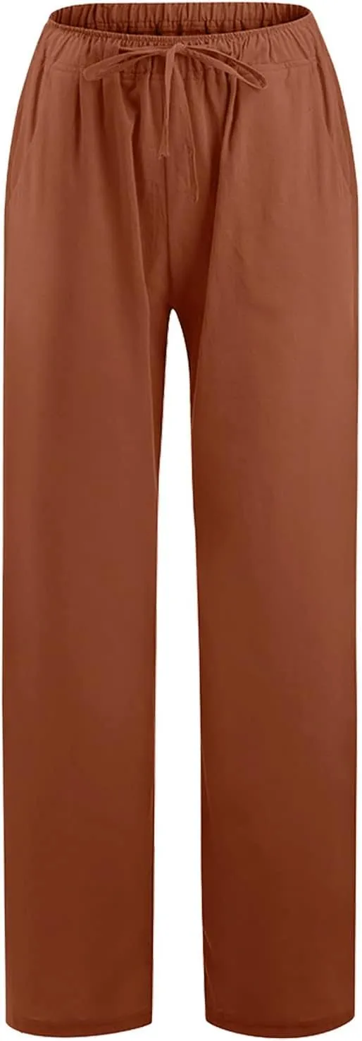 Womens Casual Linen Pants Loose Fit Wide Leg Trousers Elastic Drawstring Waist Lightweight Vacation Palazzo Pants