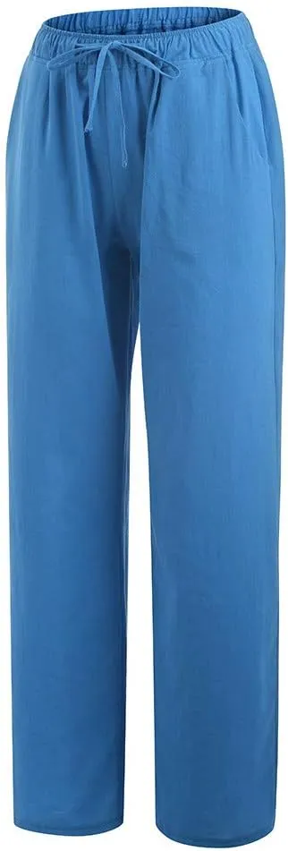 Womens Casual Linen Pants Loose Fit Wide Leg Trousers Elastic Drawstring Waist Lightweight Vacation Palazzo Pants
