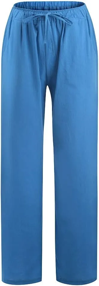 Womens Casual Linen Pants Loose Fit Wide Leg Trousers Elastic Drawstring Waist Lightweight Vacation Palazzo Pants