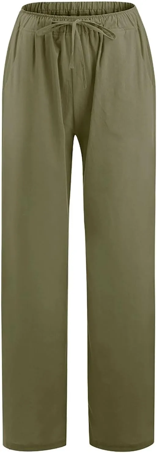 Womens Casual Linen Pants Loose Fit Wide Leg Trousers Elastic Drawstring Waist Lightweight Vacation Palazzo Pants
