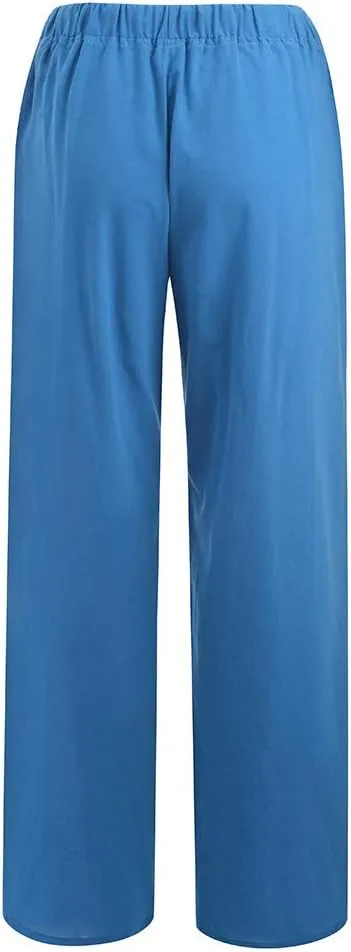 Womens Casual Linen Pants Loose Fit Wide Leg Trousers Elastic Drawstring Waist Lightweight Vacation Palazzo Pants