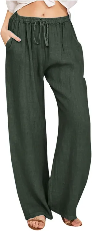 Womens Casual Linen Pants Loose Fit Wide Leg Trousers Elastic Drawstring Waist Lightweight Vacation Palazzo Pants
