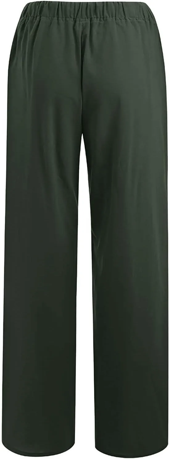 Womens Casual Linen Pants Loose Fit Wide Leg Trousers Elastic Drawstring Waist Lightweight Vacation Palazzo Pants
