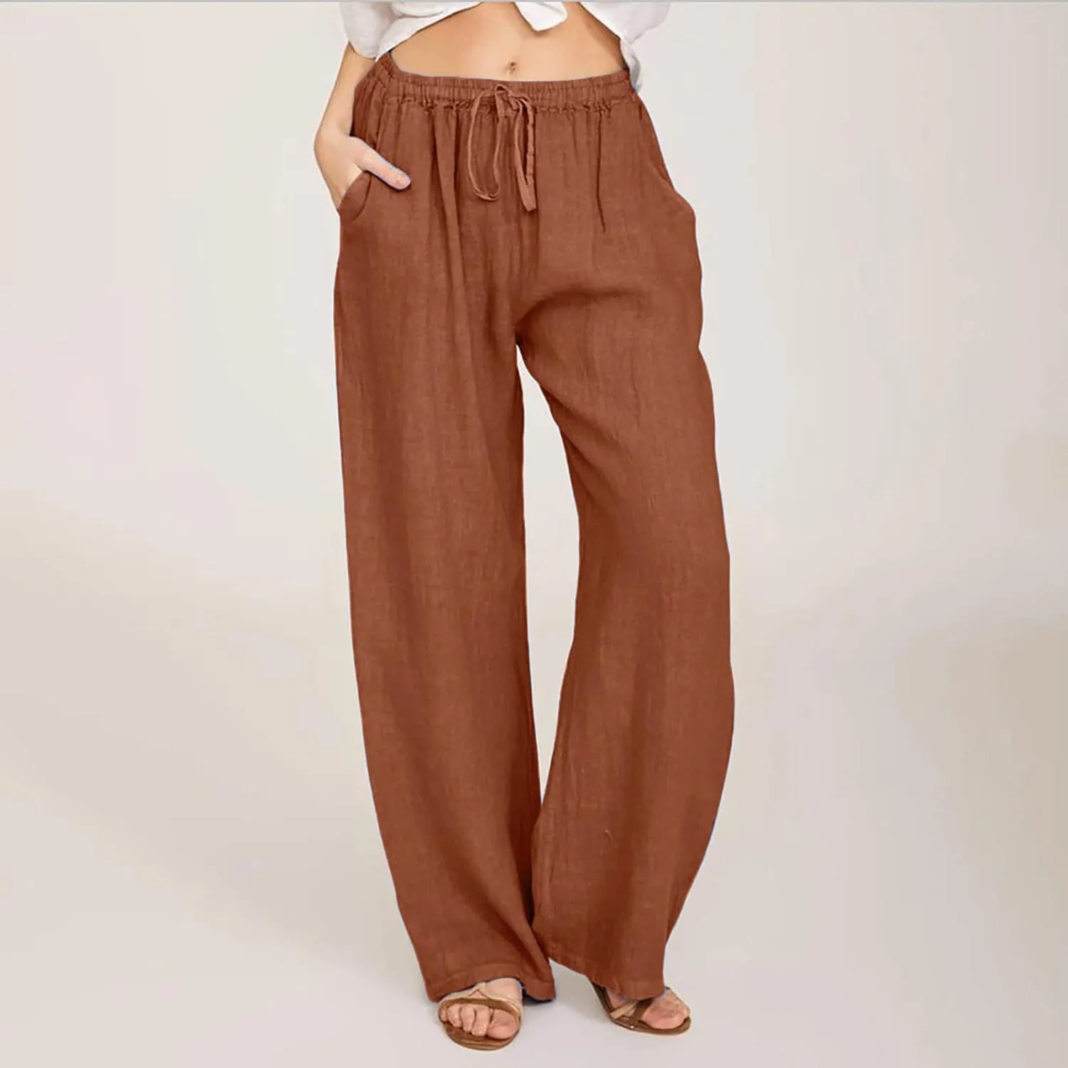 Womens Casual Linen Pants Loose Fit Wide Leg Trousers Elastic Drawstring Waist Lightweight Vacation Palazzo Pants