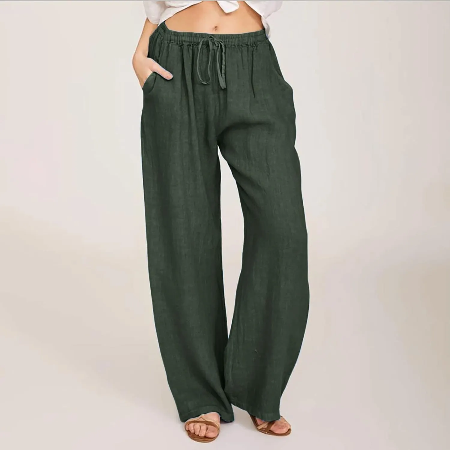 Womens Casual Linen Pants Loose Fit Wide Leg Trousers Elastic Drawstring Waist Lightweight Vacation Palazzo Pants