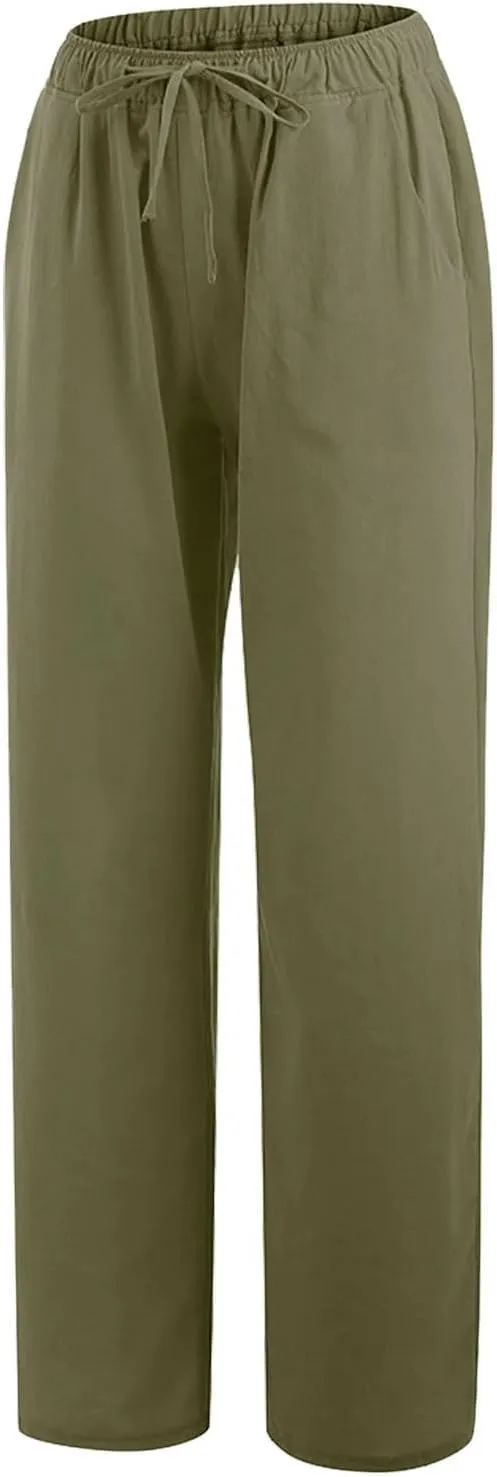Womens Casual Linen Pants Loose Fit Wide Leg Trousers Elastic Drawstring Waist Lightweight Vacation Palazzo Pants