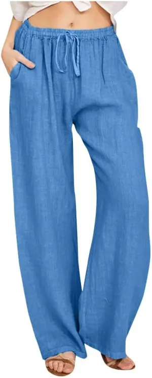 Womens Casual Linen Pants Loose Fit Wide Leg Trousers Elastic Drawstring Waist Lightweight Vacation Palazzo Pants