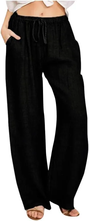 Womens Casual Linen Pants Loose Fit Wide Leg Trousers Elastic Drawstring Waist Lightweight Vacation Palazzo Pants