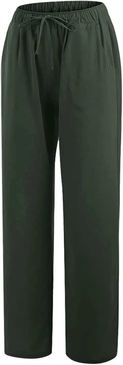 Womens Casual Linen Pants Loose Fit Wide Leg Trousers Elastic Drawstring Waist Lightweight Vacation Palazzo Pants