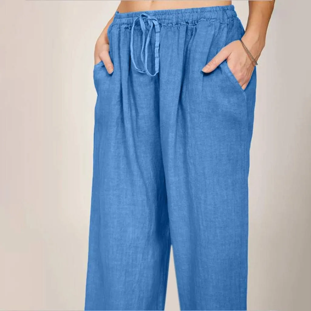 Womens Casual Linen Pants Loose Fit Wide Leg Trousers Elastic Drawstring Waist Lightweight Vacation Palazzo Pants