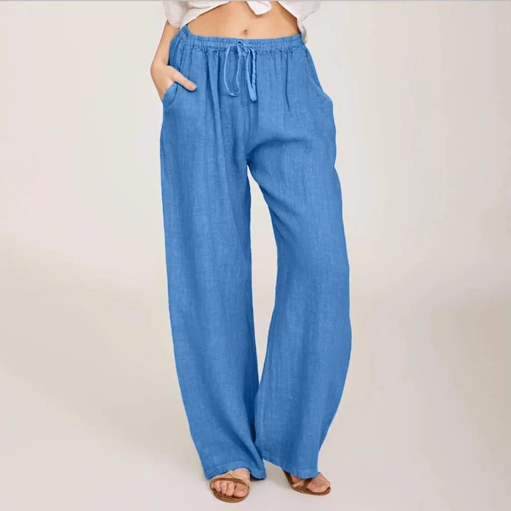 Womens Casual Linen Pants Loose Fit Wide Leg Trousers Elastic Drawstring Waist Lightweight Vacation Palazzo Pants