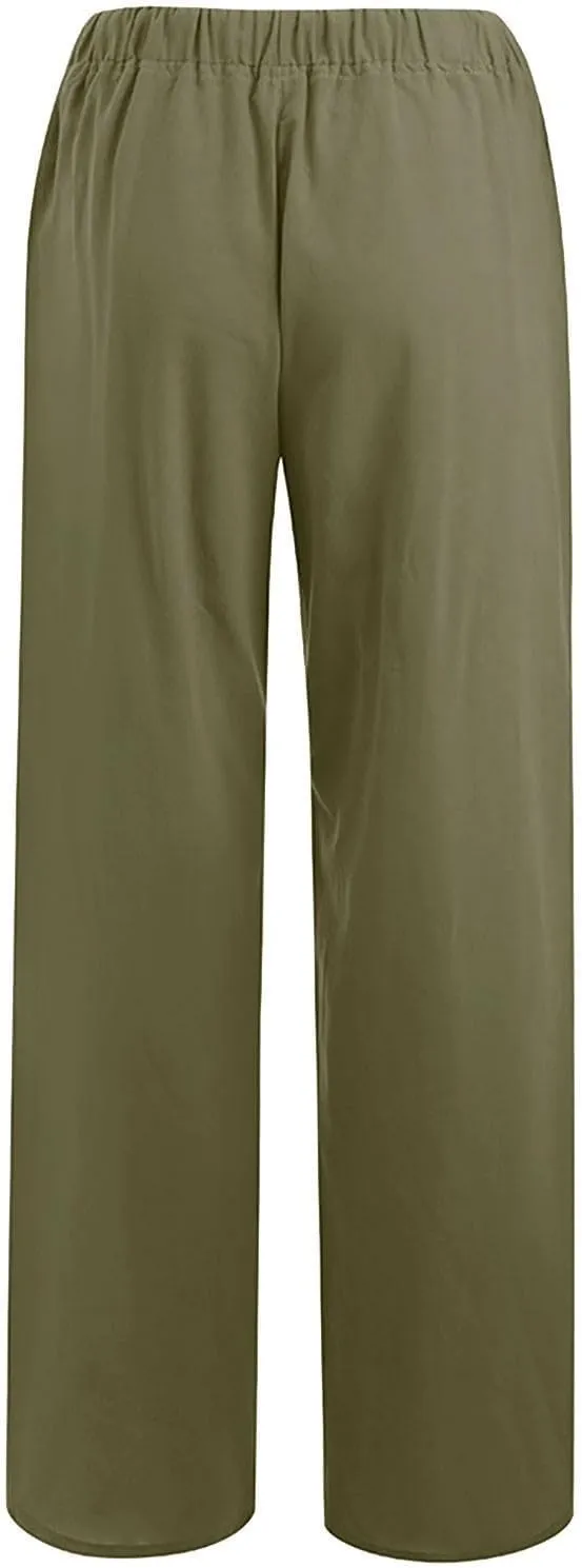 Womens Casual Linen Pants Loose Fit Wide Leg Trousers Elastic Drawstring Waist Lightweight Vacation Palazzo Pants
