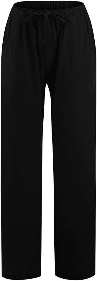 Womens Casual Linen Pants Loose Fit Wide Leg Trousers Elastic Drawstring Waist Lightweight Vacation Palazzo Pants