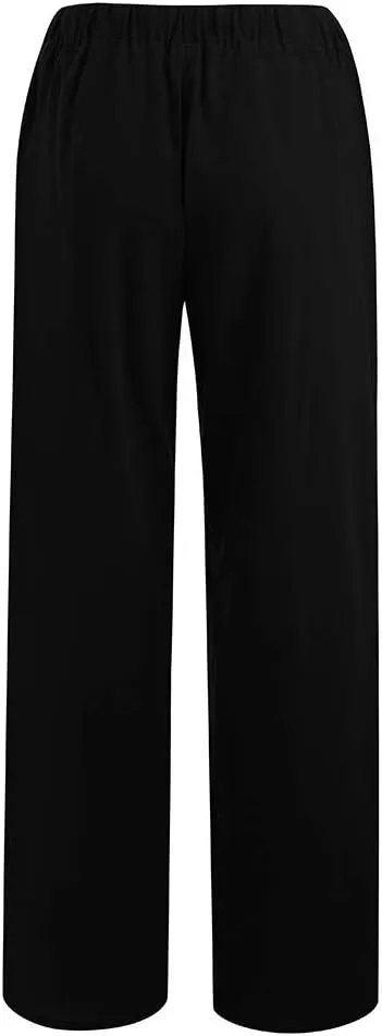 Womens Casual Linen Pants Loose Fit Wide Leg Trousers Elastic Drawstring Waist Lightweight Vacation Palazzo Pants