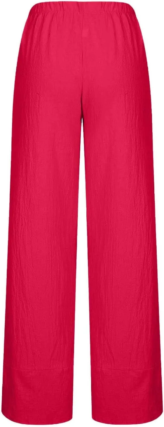 Womens Casual Linen Pants Wide Leg Palazzo Trousers Elastic High Waisted Summer Boho Lightweight Pants with Pockets