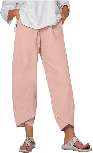 Womens Casual Linen Pants Wide Leg Palazzo Trousers Elastic High Waisted Summer Boho Lightweight Pants with Pockets