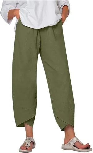 Womens Casual Linen Pants Wide Leg Palazzo Trousers Elastic High Waisted Summer Boho Lightweight Pants with Pockets