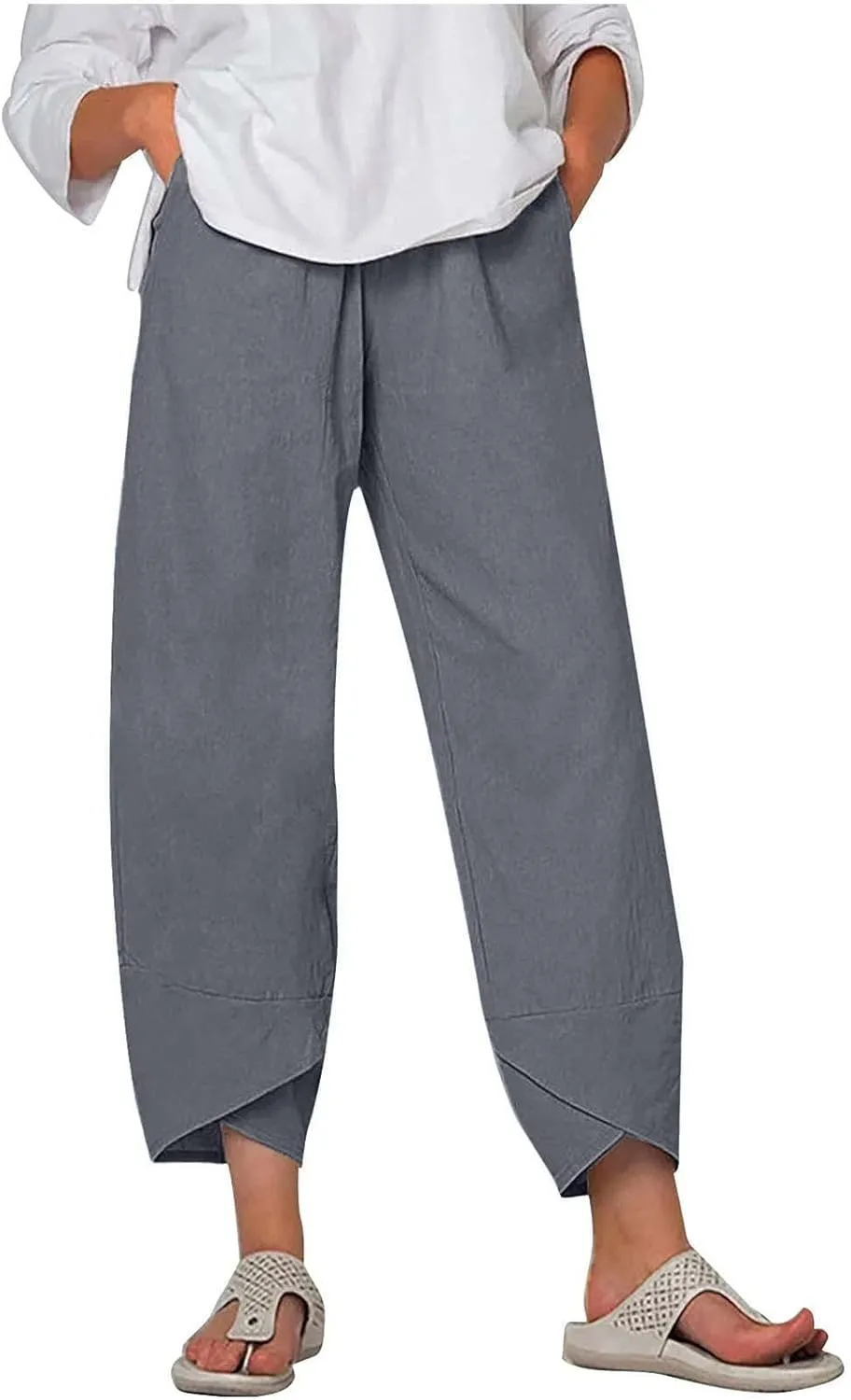 Womens Casual Linen Pants Wide Leg Palazzo Trousers Elastic High Waisted Summer Boho Lightweight Pants with Pockets