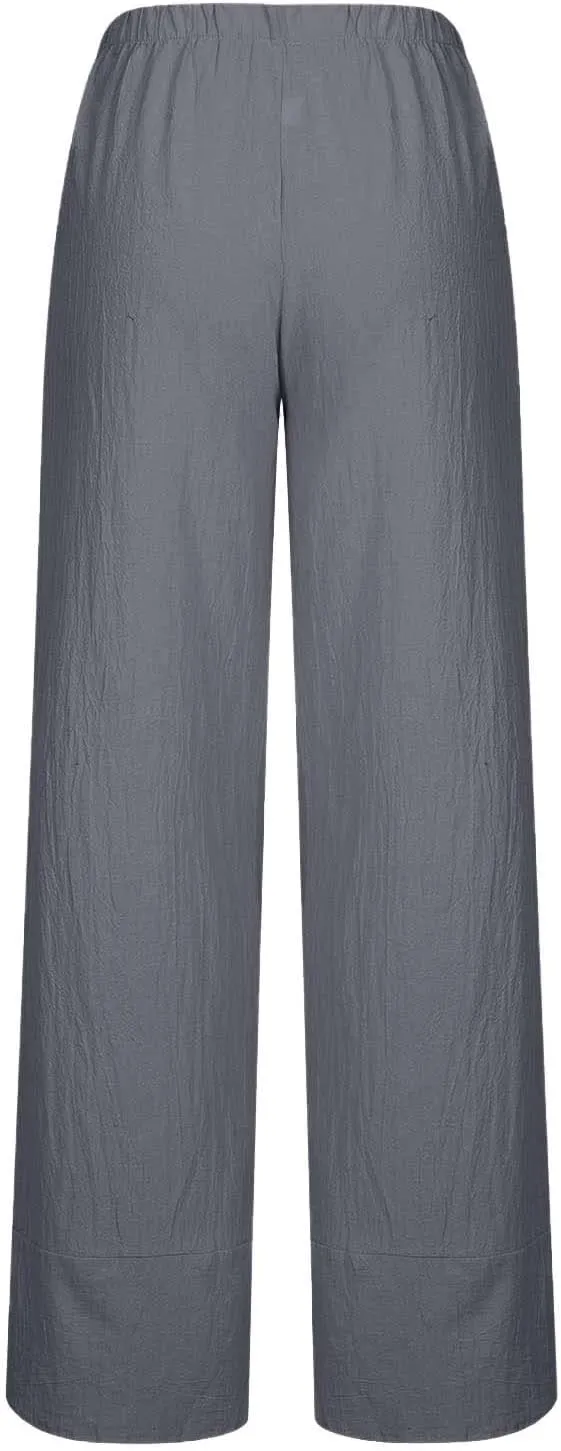 Womens Casual Linen Pants Wide Leg Palazzo Trousers Elastic High Waisted Summer Boho Lightweight Pants with Pockets