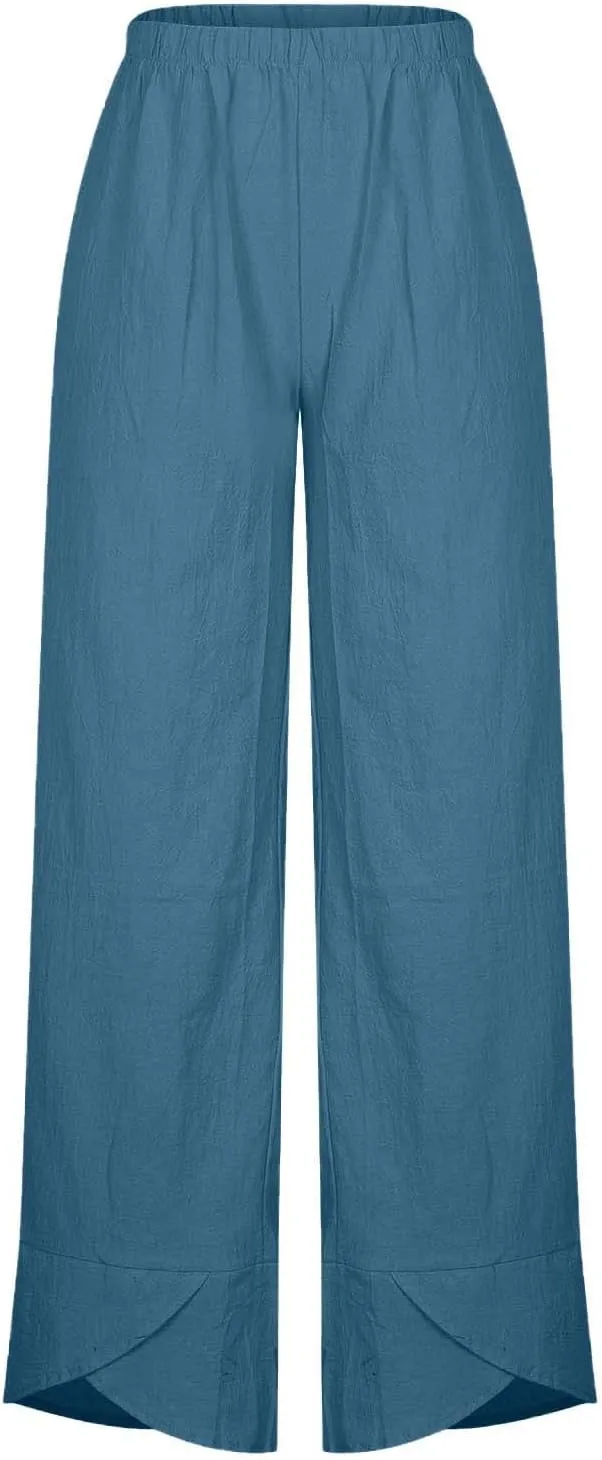 Womens Casual Linen Pants Wide Leg Palazzo Trousers Elastic High Waisted Summer Boho Lightweight Pants with Pockets