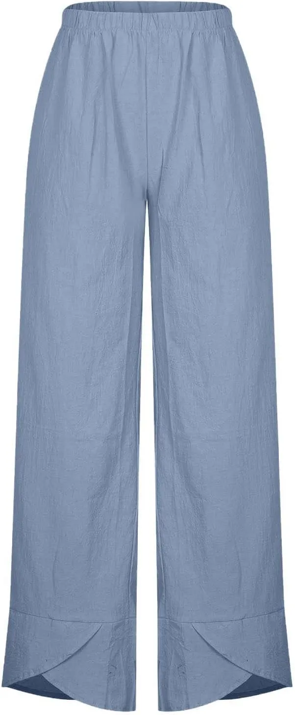 Womens Casual Linen Pants Wide Leg Palazzo Trousers Elastic High Waisted Summer Boho Lightweight Pants with Pockets