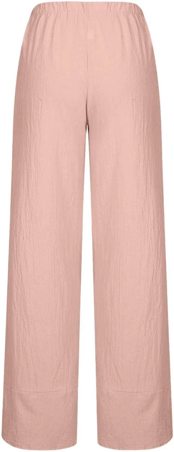 Womens Casual Linen Pants Wide Leg Palazzo Trousers Elastic High Waisted Summer Boho Lightweight Pants with Pockets