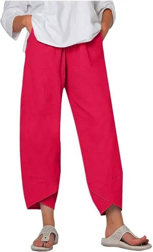 Womens Casual Linen Pants Wide Leg Palazzo Trousers Elastic High Waisted Summer Boho Lightweight Pants with Pockets