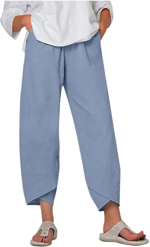 Womens Casual Linen Pants Wide Leg Palazzo Trousers Elastic High Waisted Summer Boho Lightweight Pants with Pockets