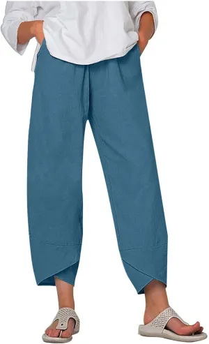 Womens Casual Linen Pants Wide Leg Palazzo Trousers Elastic High Waisted Summer Boho Lightweight Pants with Pockets