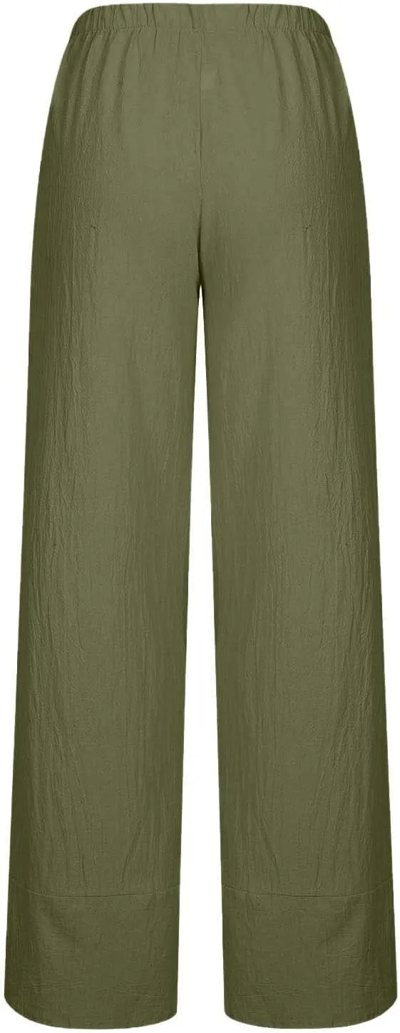 Womens Casual Linen Pants Wide Leg Palazzo Trousers Elastic High Waisted Summer Boho Lightweight Pants with Pockets