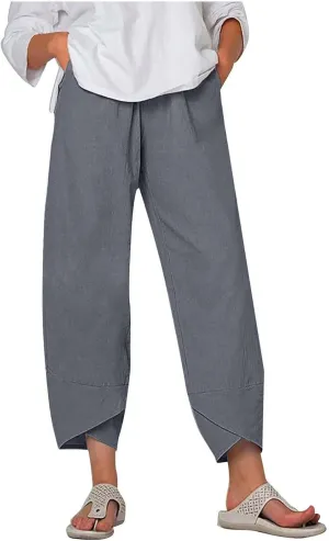 Womens Casual Linen Pants Wide Leg Palazzo Trousers Elastic High Waisted Summer Boho Lightweight Pants with Pockets